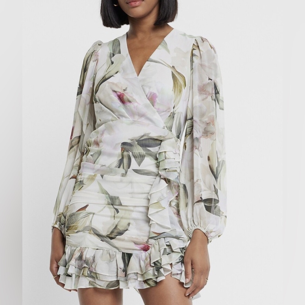 Express Pink and Green Bodycon Wrap Dress with Bishop Sleeves